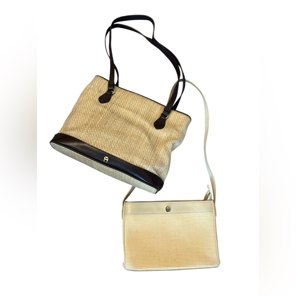 Vintage Etienne Aigner Bundle Beige Straw Tote and Cream Crossbody